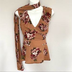 Ruffle Neckline Floral Carnation Tan Blouse & Detachable Belt Scarf